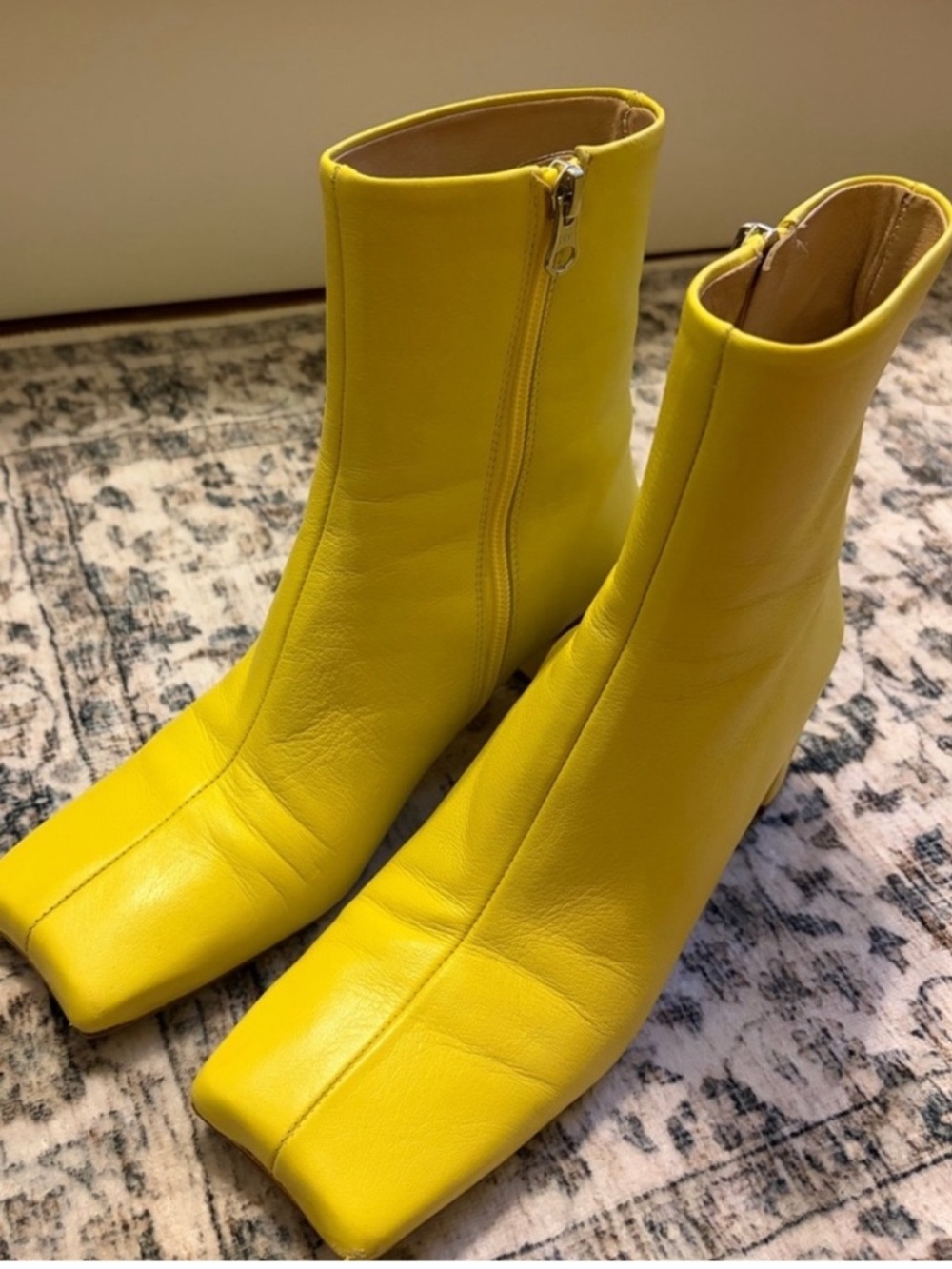 Lintervalle Women's Yellow Genuine Leather Square-Toe Ankle Statement Boots